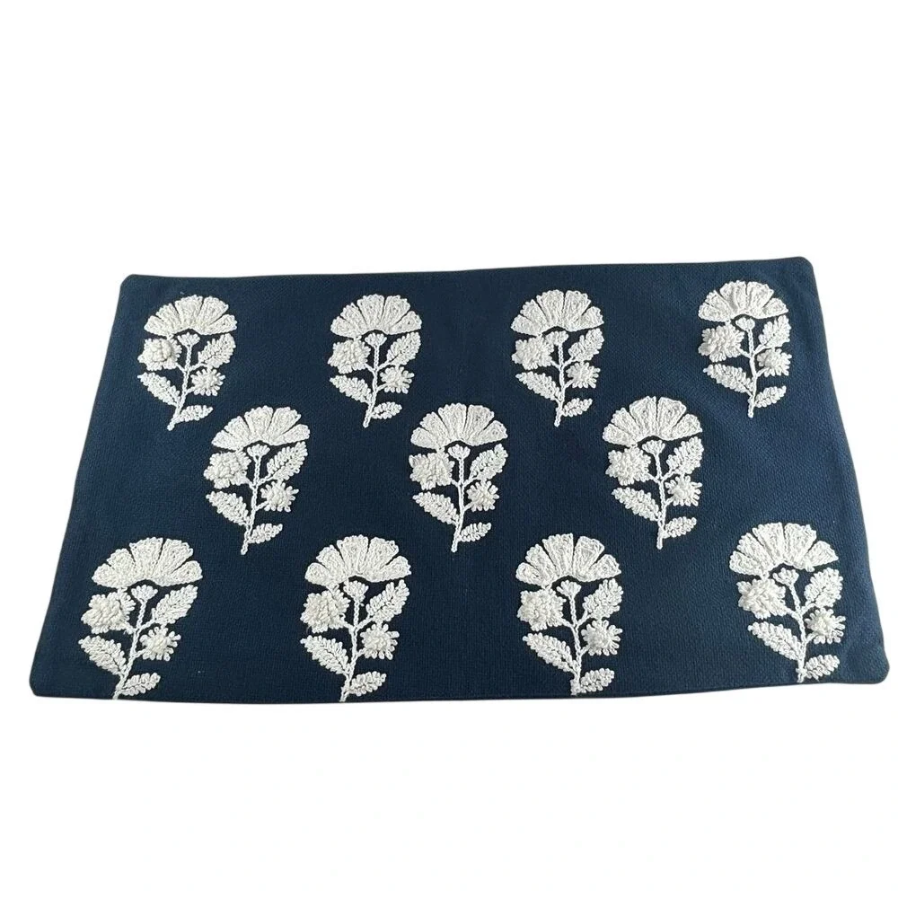 Pier 1 Decorative Pillow Case Blue 13x12 Floral‎ Embroidered Farmhouse Cottage